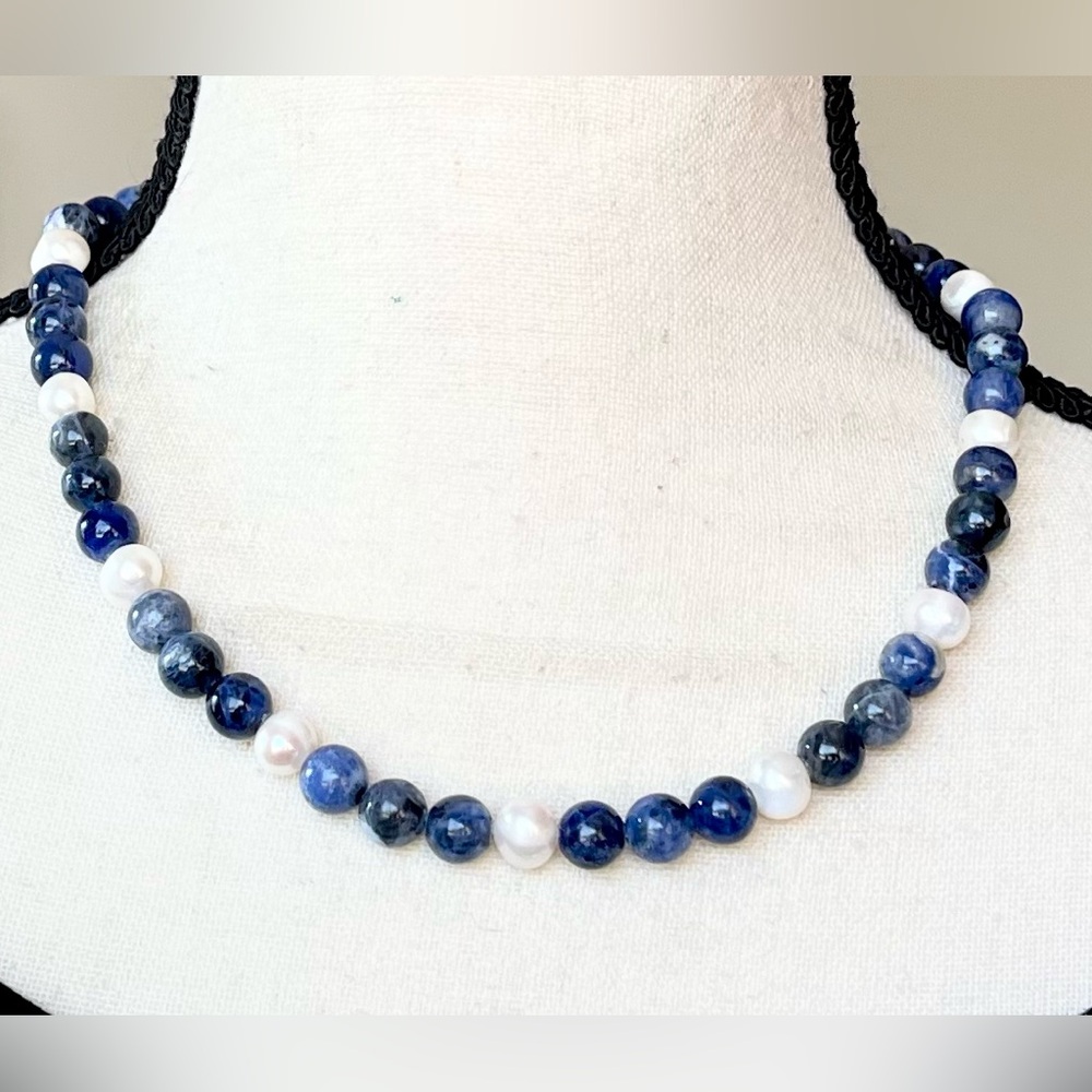 Necklace sodalite, pearl, 925, 18” (VGUC) - jewelry